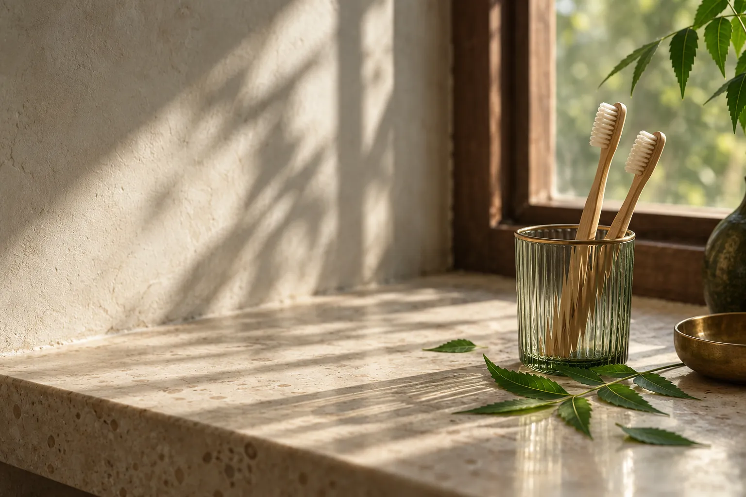 Bamboo toothbrushes in a glass on a sunlit windowsill