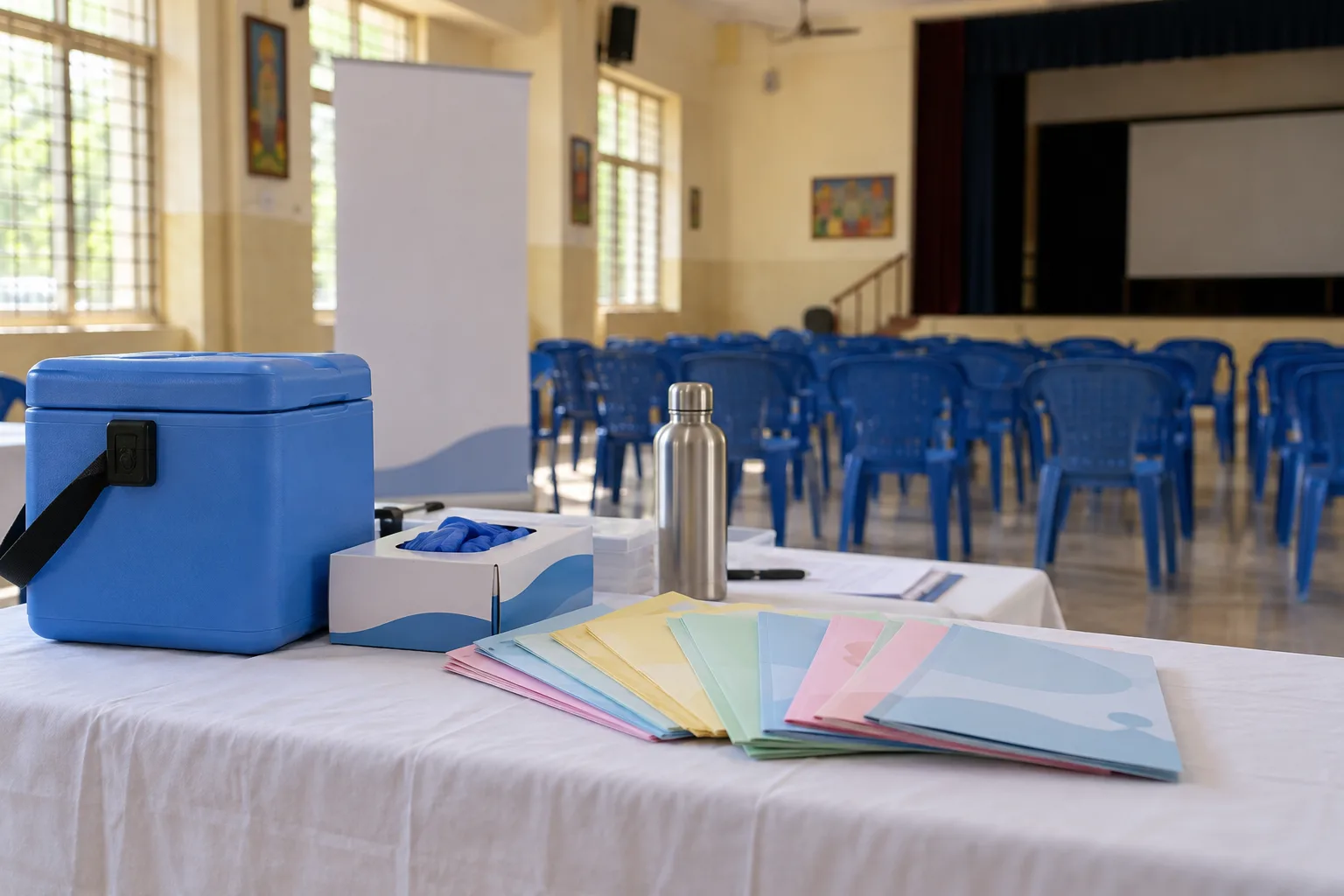 An awareness-session setup in a school hall: a registration table with leaflets, gloves and a vaccine cool box