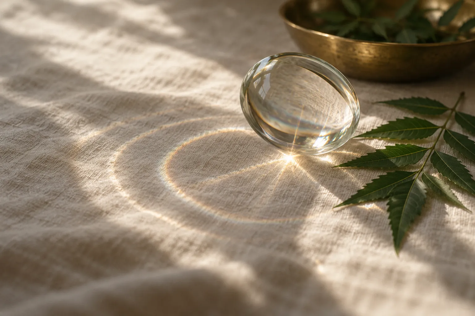 Sunlight through a glass lens casting rings of light on linen