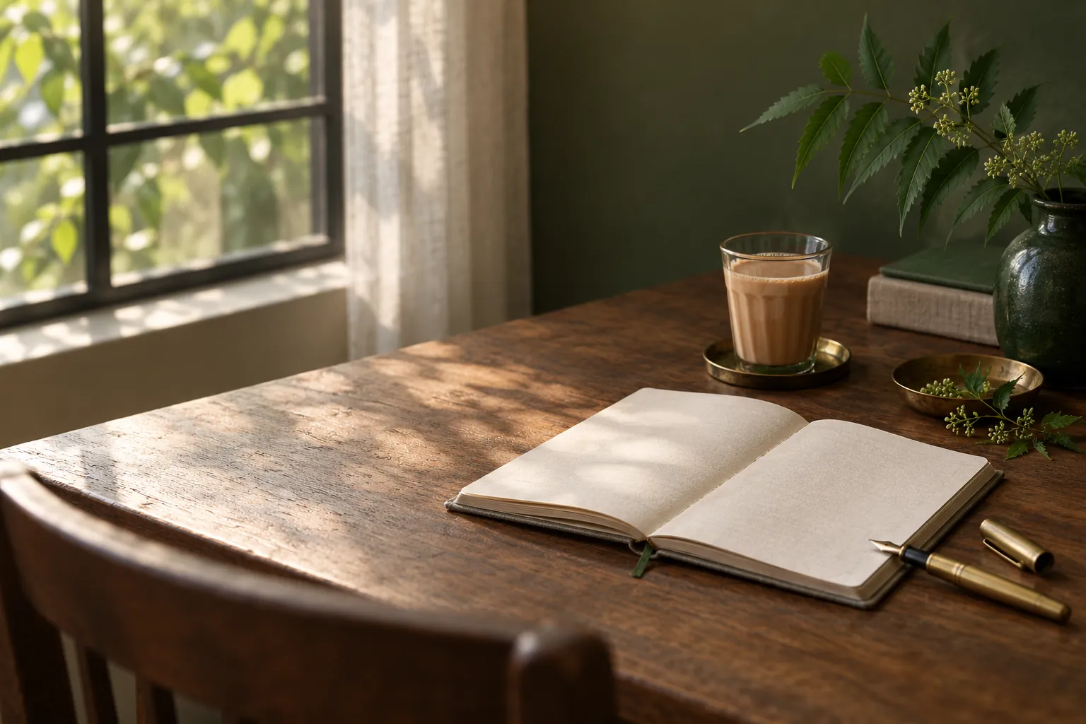 A notebook, pen and a glass of chai on a desk in window light